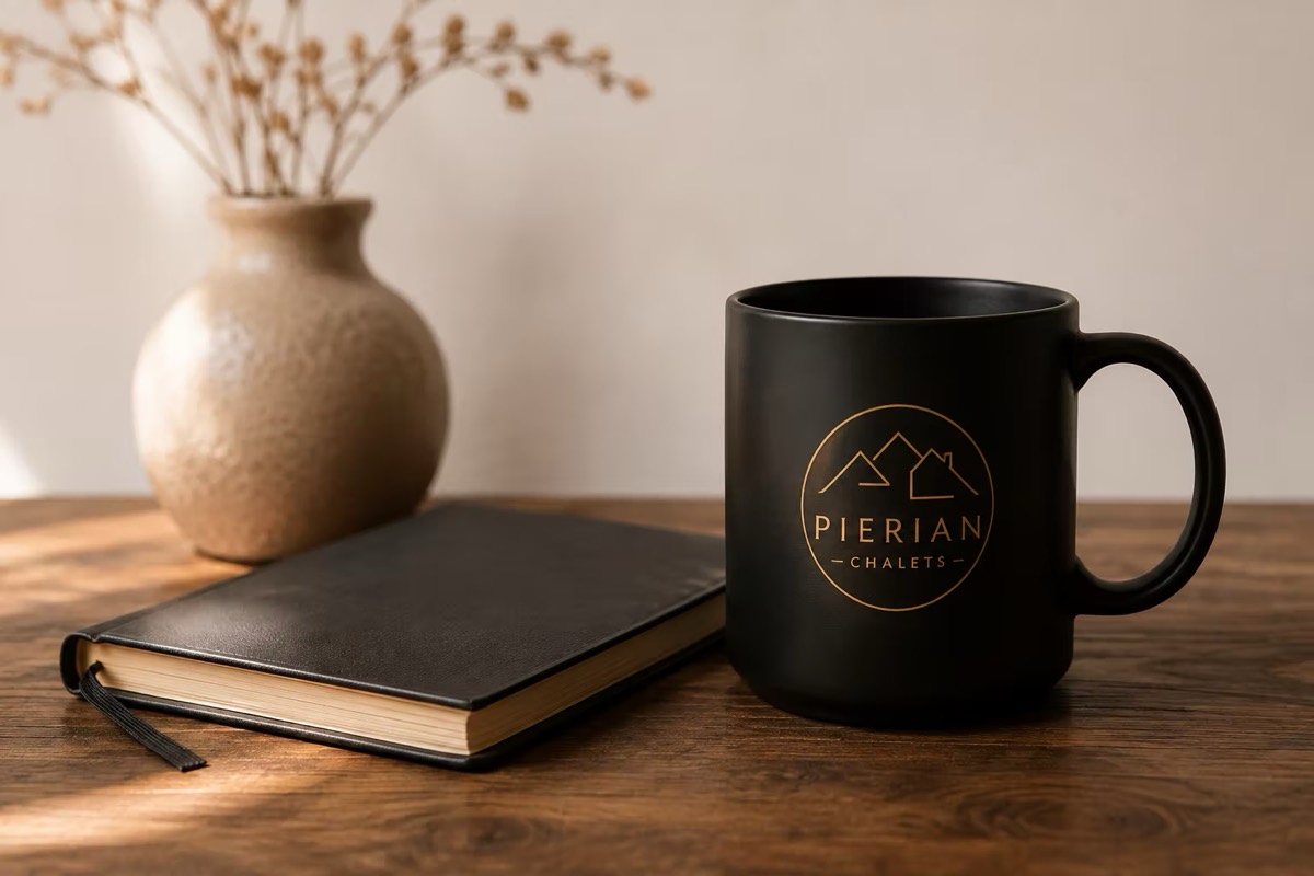 Μια μαύρη κούπα Pierian Chalets δίπλα σε ένα κλειστό σημειωματάριο και ένα βάζο με αποξηραμένα λουλούδια, σε ξύλινο τραπέζι στο πρωινό φως.