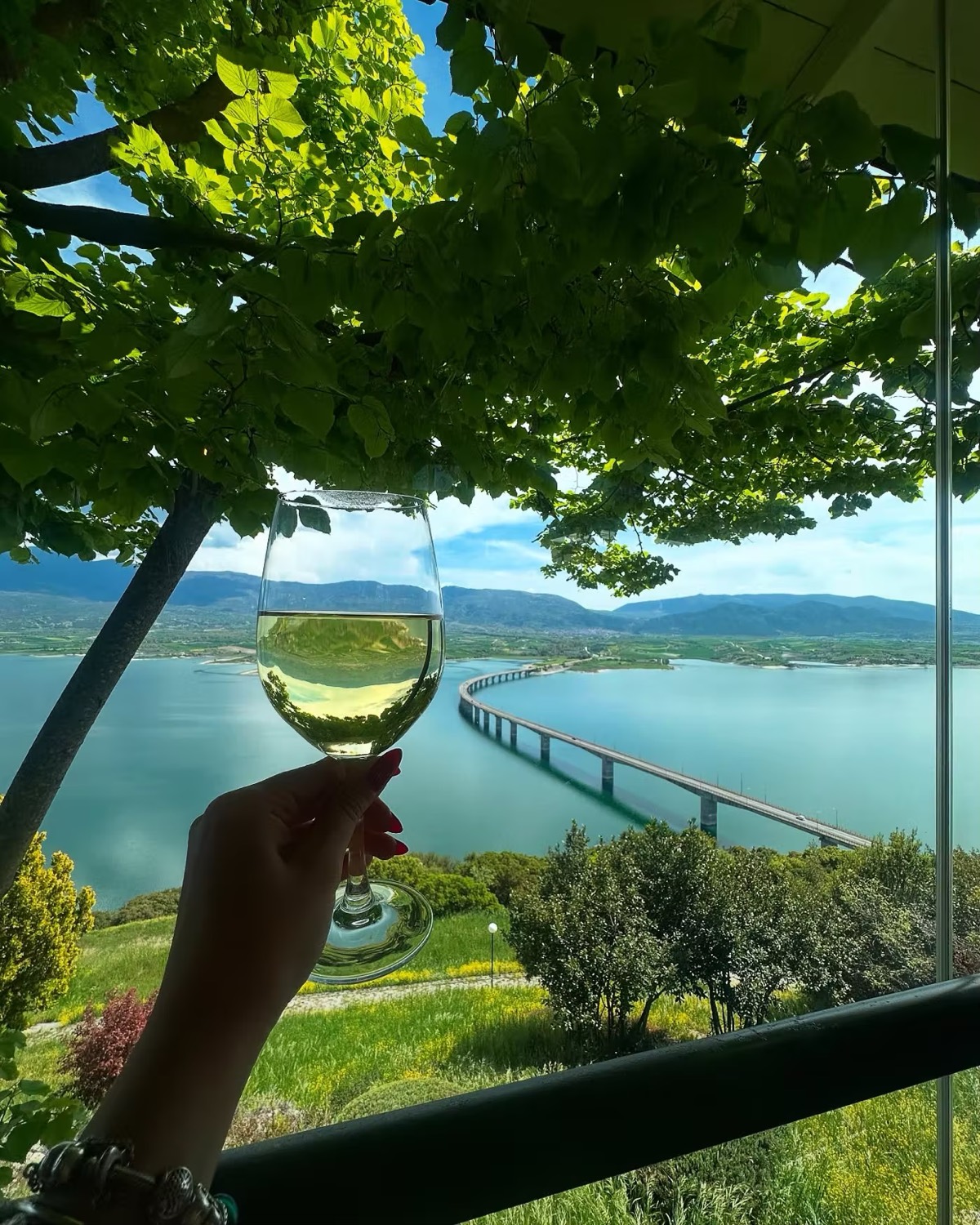 Ένα ποτήρι λευκό κρασί κάτω από μια κληματαριά, με τη λίμνη και τη γέφυρα στο βάθος.